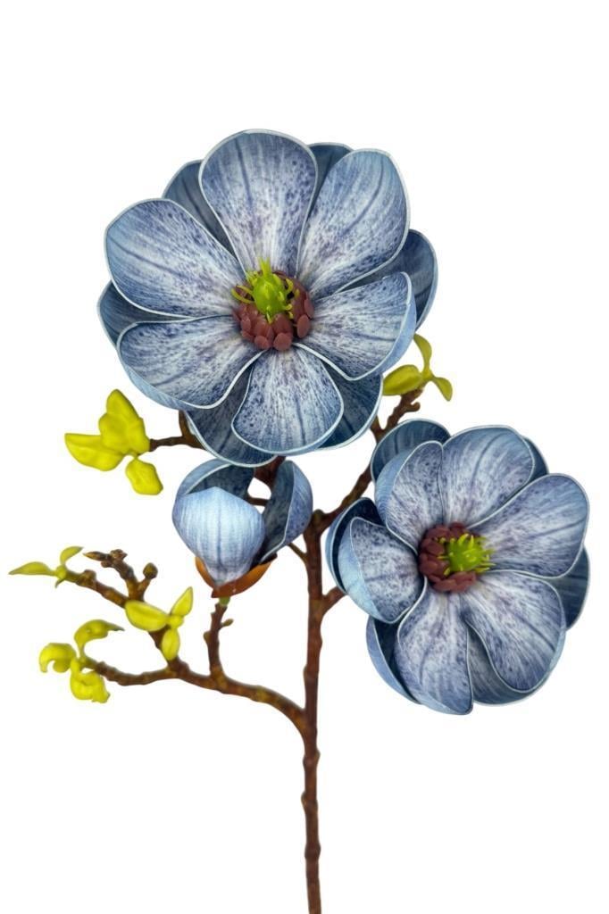 Yapay Çiçek Eva Mavi Manolya 2 Çiçek 1 Tomurcuk Uzun Dal Çiçek Flowers 55cm Gerçeksi Doku