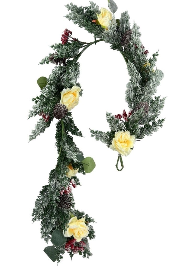 Yapay Çiçek Garland Karlı Kokina Kozalaklı Güllü Dolanan 180cm Red Berry