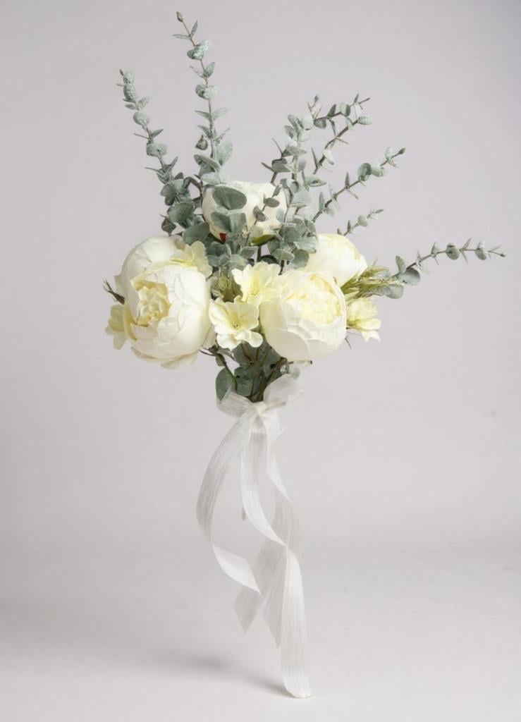 Yapay Çiçek Gelin Çiçeği Beyaz Şakayık Ve Okaliptus Gelin Buketi