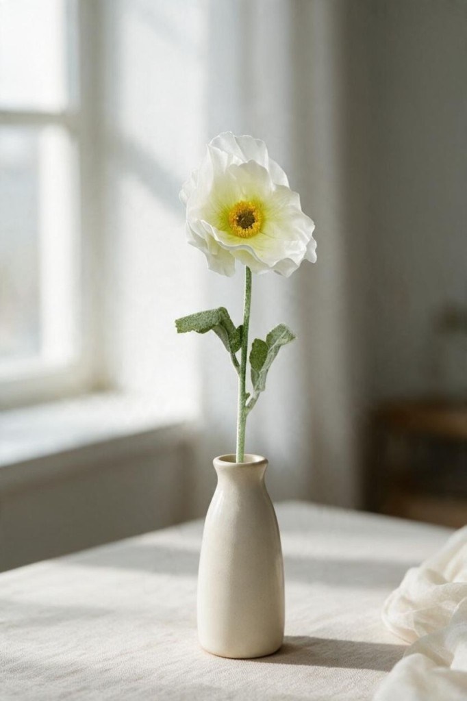 Yapay Çiçek Gelincik Çiçeği Tek Dal Beyaz Renk 45Cm