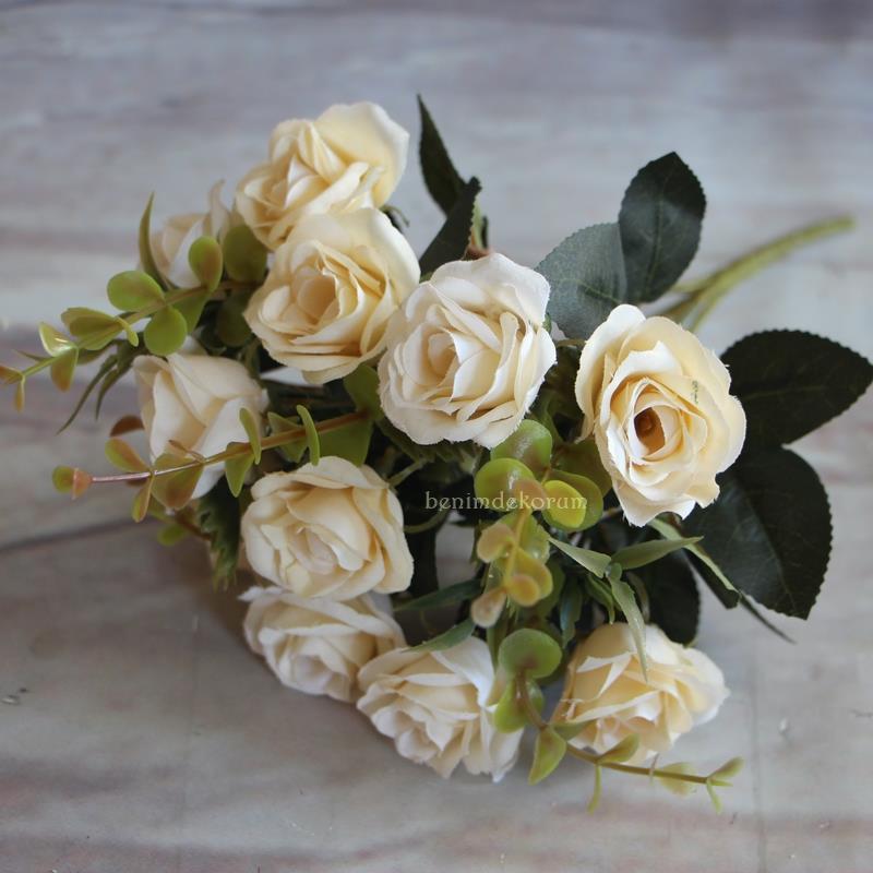 Yapay Çiçek Gül Yaban Gülü Demeti KREM 10 Kafa