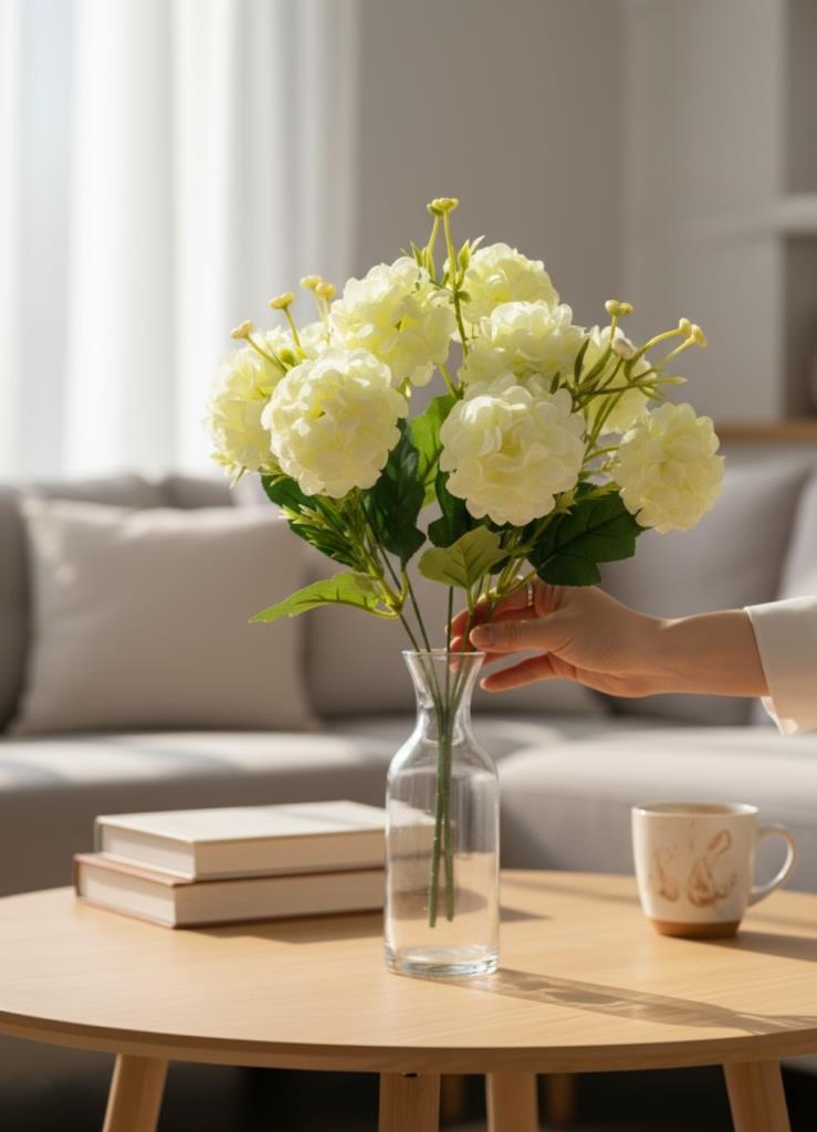 Yapay Çiçek Kartopu Krizantem Beyaz 5Dallı 10toplu Demet 30cm