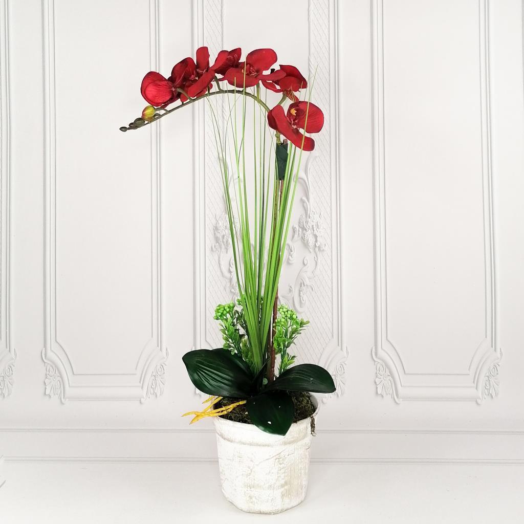 Yapay Çiçek Kırmızı Orkide Seramik Saksıda Tekli Orkide 60cm