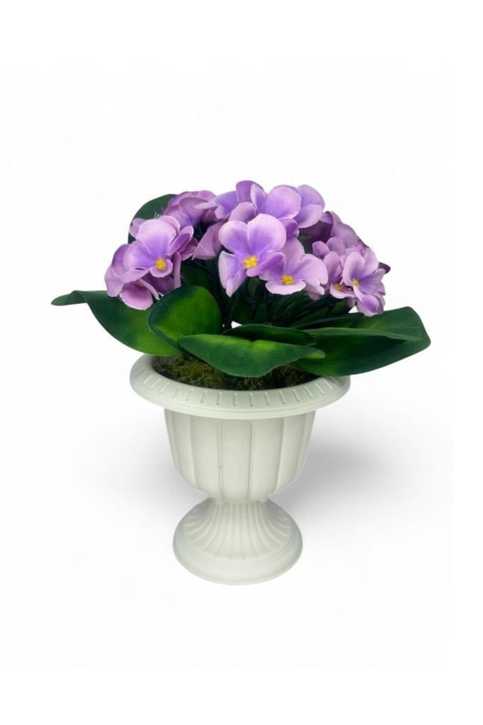 Yapay Çiçek Krem Antik Saksıda Lila Kadife Menekşe Gerçekçi Doku 22cm