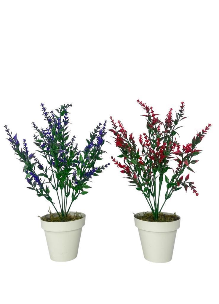Yapay Çiçek Krem Saksıda 2 Adet Lavanta Mor Ve Kırmızı Renk 28cm