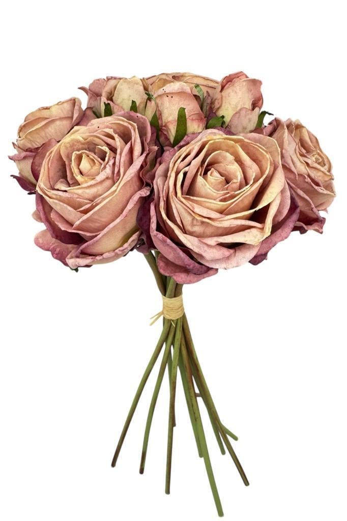 Yapay Çiçek Kuru Gül Pembe Gül Kurusu Renk 6Çiçek 4Tomurcuk 10lu Demet Gelin Çiçeği Buketi