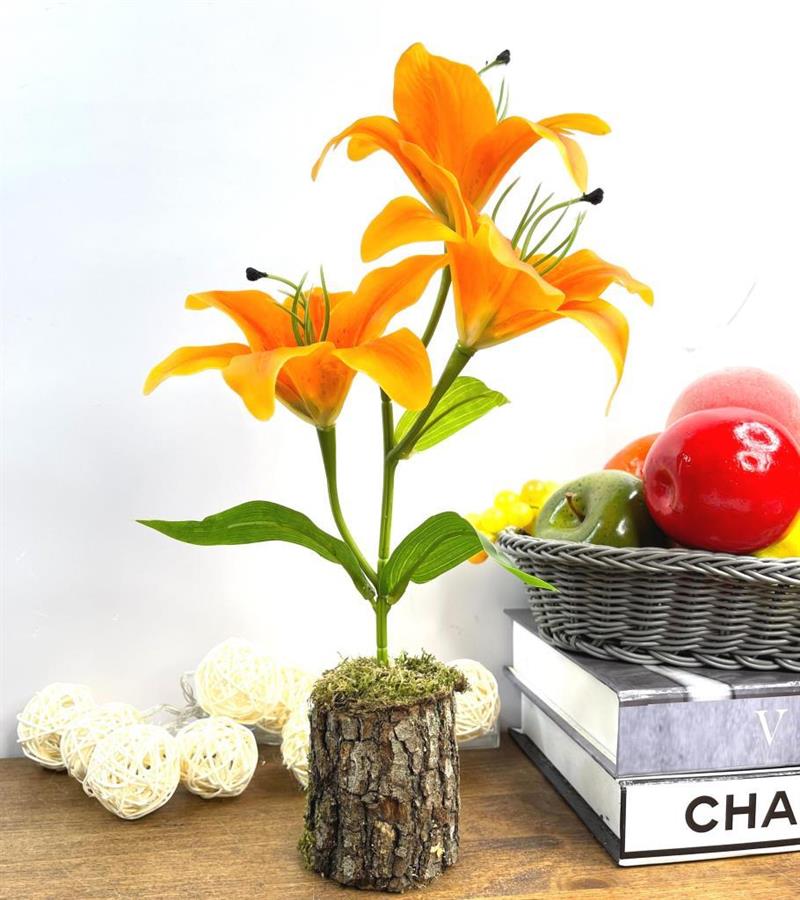 Yapay Çiçek Kütük Saksıda Islak Lilyum Somon Renk 3 Çiçekli Gerçeksi Doku