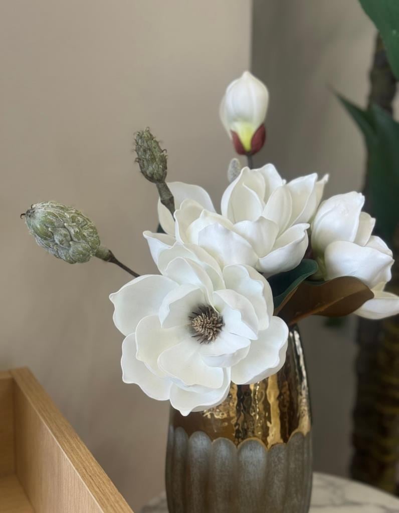 Yapay Çiçek Lüx Manolya Gerçek Dokulu Letex Eva Magnolia Gelin Çiçeği 40cm BEYAZ