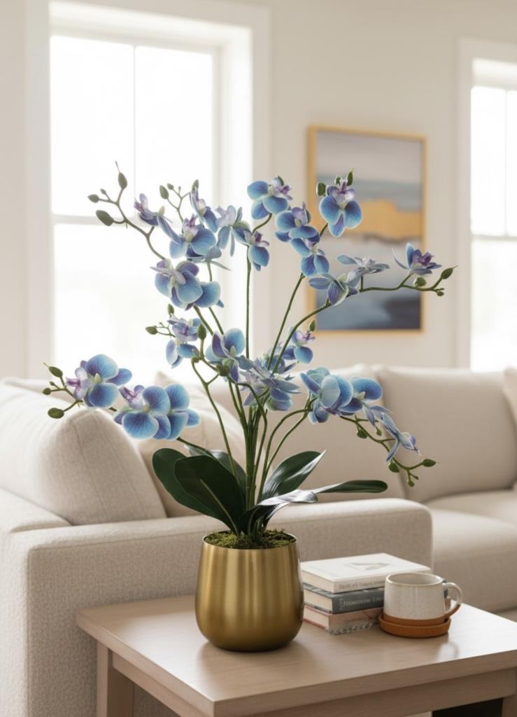 Yapay Çiçek Mavi 9 Dallı Islak Orkide Gold Altın Metal Saksıda Saksıda Orkide 60cm