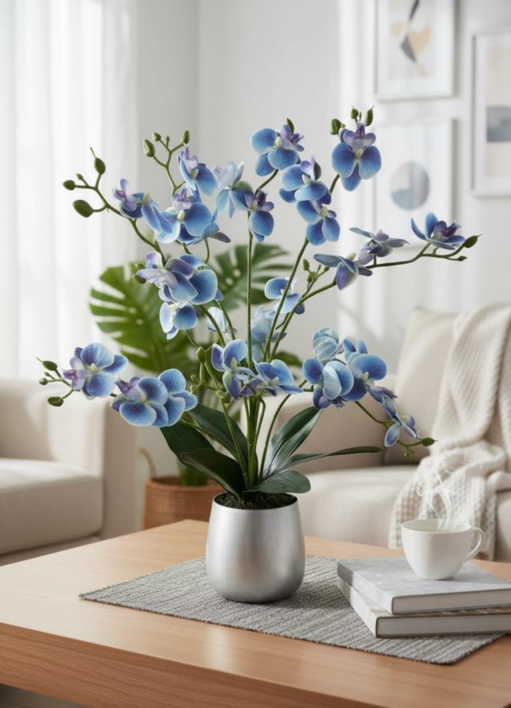 Yapay Çiçek Mavi 9 Dallı Islak Orkide Gümüş Metal Saksıda Saksıda Orkide 60cm