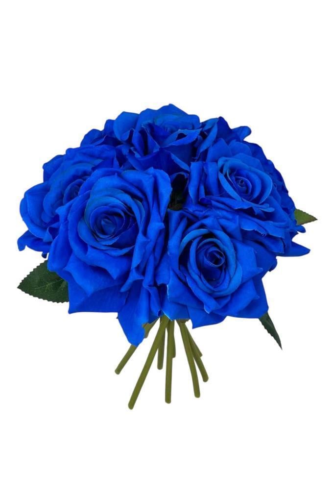 Yapay Çiçek Mavi Gül 10lu Demet Gelin Çiçeği Buketi Masa Üstü Vazo Çiçeği 25cm