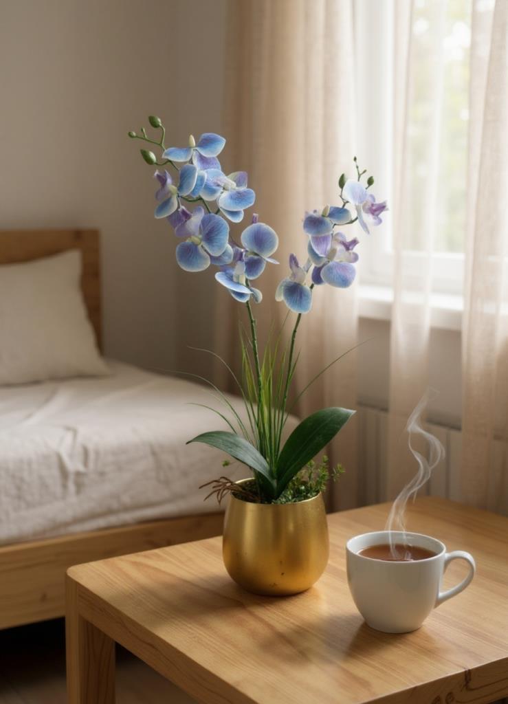 Yapay Çiçek Mavi Islak Orkide Gold Metal Saksıda Saksıda Orkide 50cm