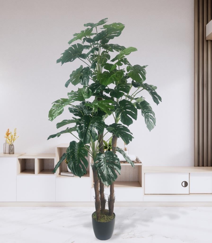 Yapay Çiçek Monstera Yeşil Deve Tabanı 3Katlı 135cm 54Yaprak Siyah Plastik Saksıda Yapay Bitki