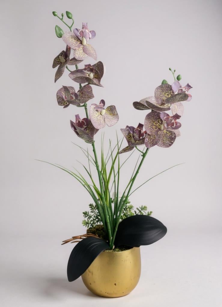 Yapay Çiçek Mor Islak Orkide Gold Metal Saksıda Saksıda Orkide 50cm