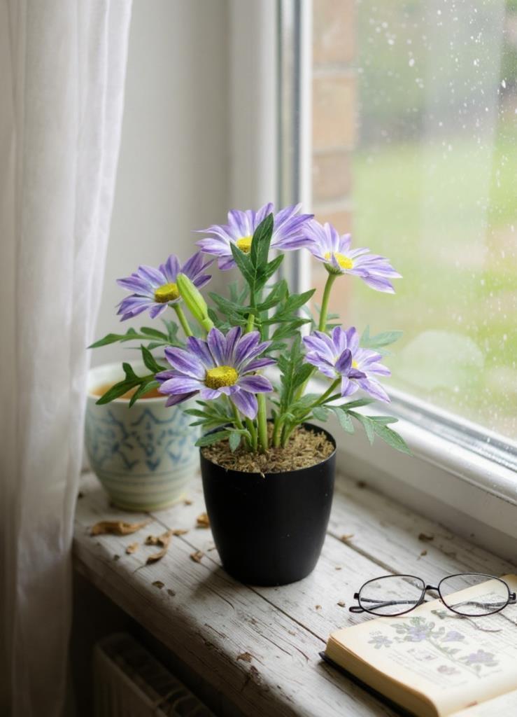 Yapay Çiçek Mor Margarit Papatya Siyah Saksıda Dekoratif Yapay Çiçek 30*25cm