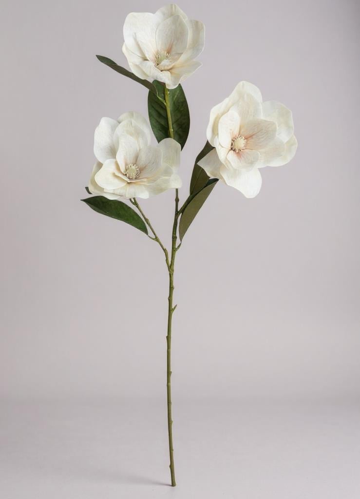 Yapay Çiçek Pastel Ekru Manolya Islak Doku 3 Kafalı Uzun Dal Çiçek Flowers 80cm