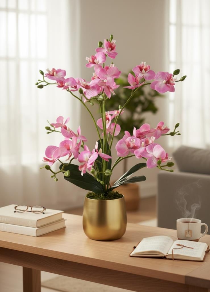 Yapay Çiçek Pembe 9 Dallı Islak Orkide Gold Altın Metal Saksıda Saksıda Orkide 60cm