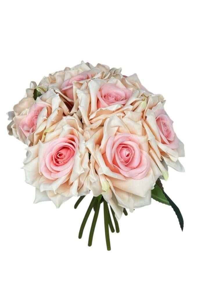 Yapay Çiçek Pembe Gül 10lu Demet Gelin Çiçeği Buketi Masa Üstü Vazo Çiçeği 25cm