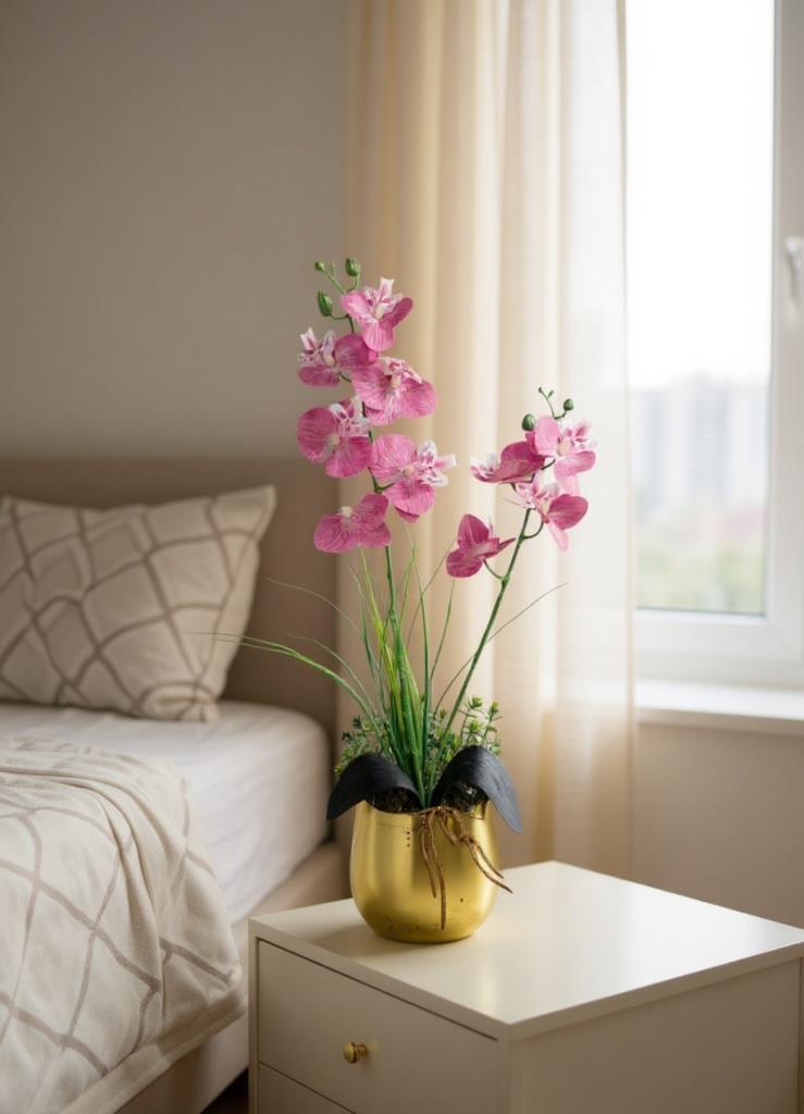 Yapay Çiçek Pembe Islak Orkide Gold Metal Saksıda Saksıda Orkide 50cm