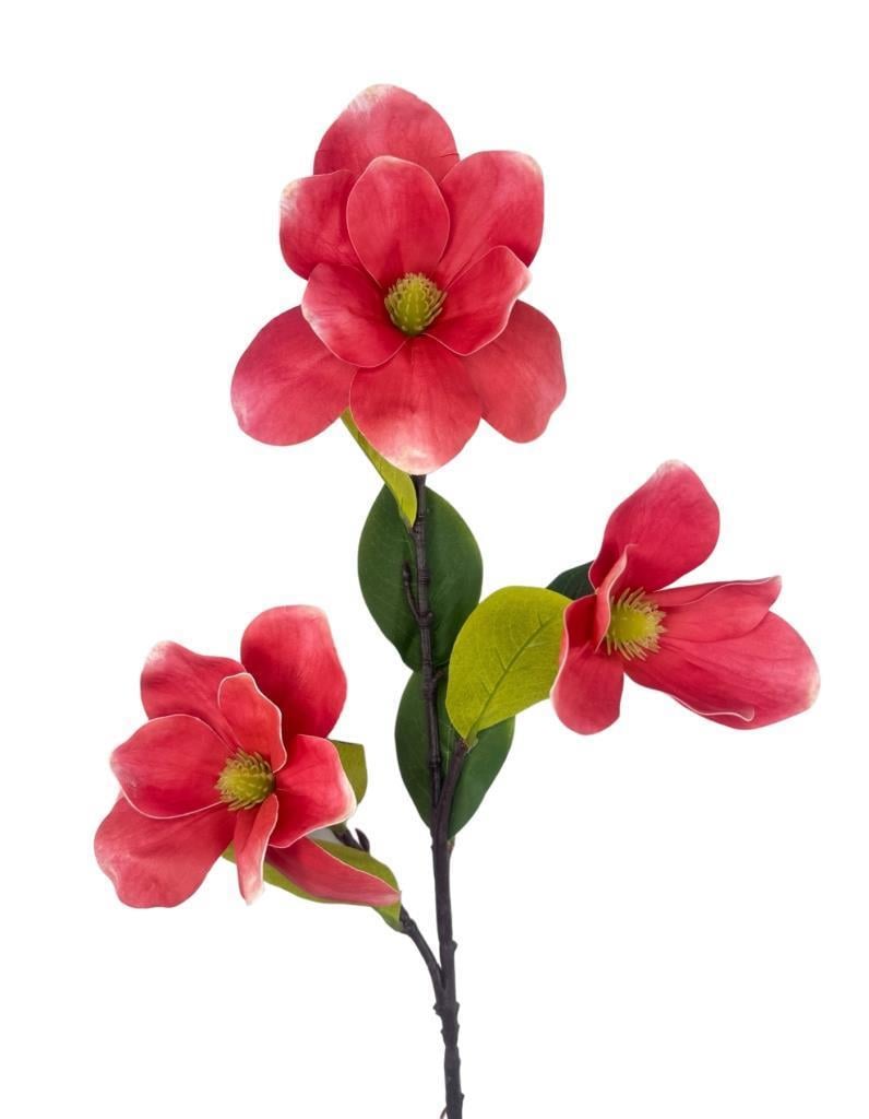 Yapay Çiçek Pembe Koyu Manolya Islak Doku 3 Kafalı Uzun Dal Çiçek Flowers 95cm