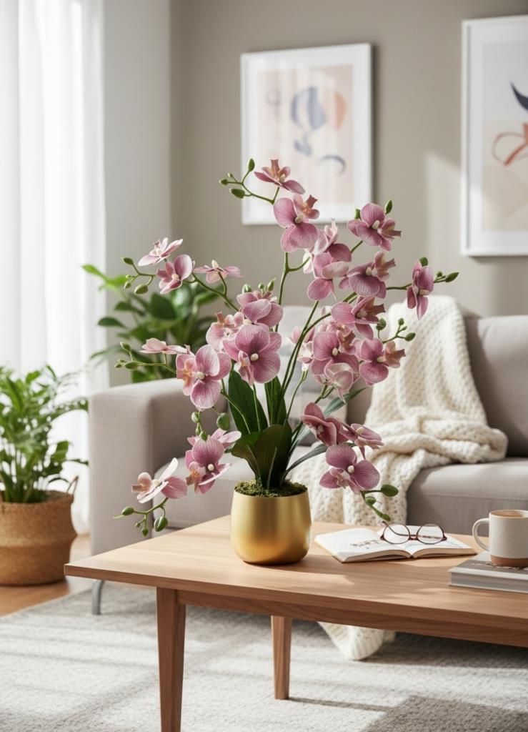 Yapay Çiçek Pudra 9 Dallı Islak Orkide Gold Altın Metal Saksıda Saksıda Orkide 60cm