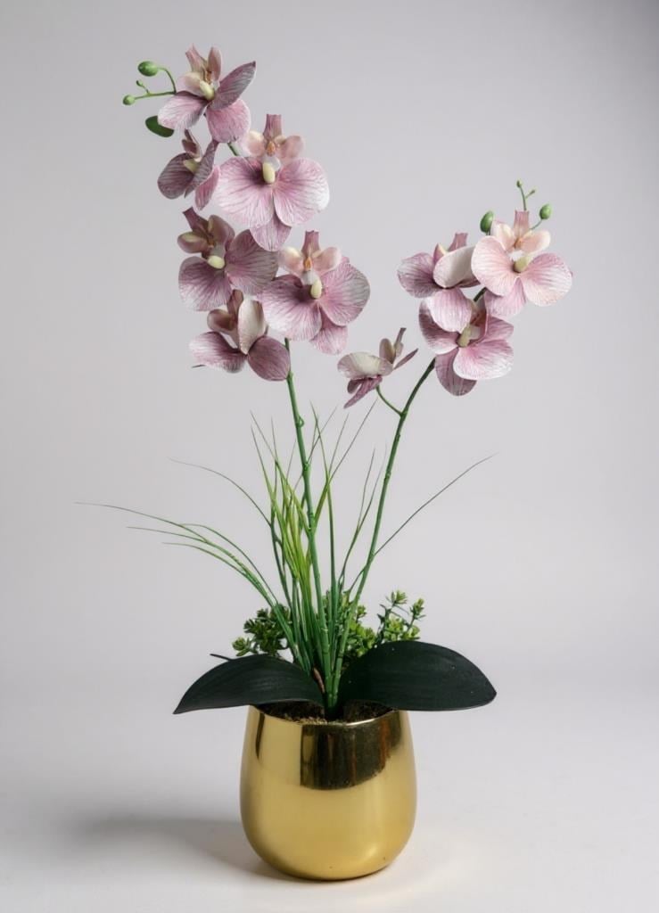 Yapay Çiçek Pudra Pembe Islak Orkide Gold Metal Saksıda Saksıda Orkide 50cm