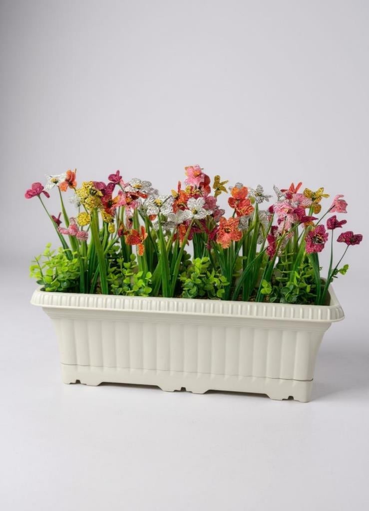 Yapay Çiçek Renkli Mini Mine Çiçekli Krem Küpeşte Askılı Balkon Çiçeği Balkon Saksısı