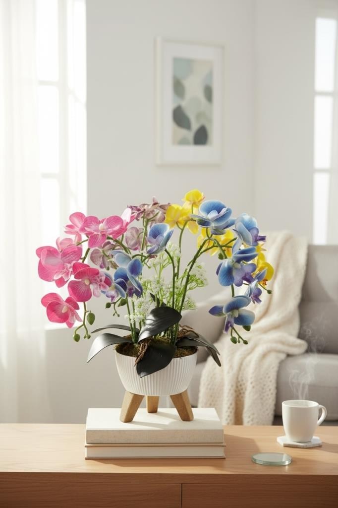 Yapay Çiçek Renkli Orkide Salon Çiçeği Zigon Saksıda Yapay Bitki 45*45cm