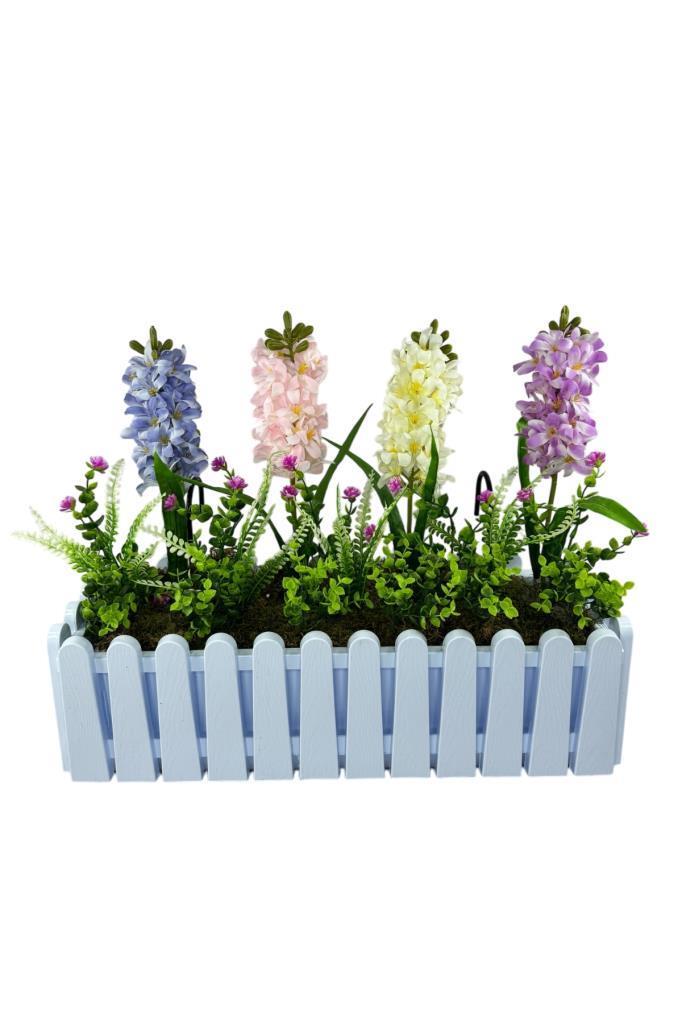 Yapay Çiçek Renkli Sümbül Çiçekleri Beyaz Çit Saksıda Küpeşte Askılı Balkon Çiçeği Çiçek Sepeti