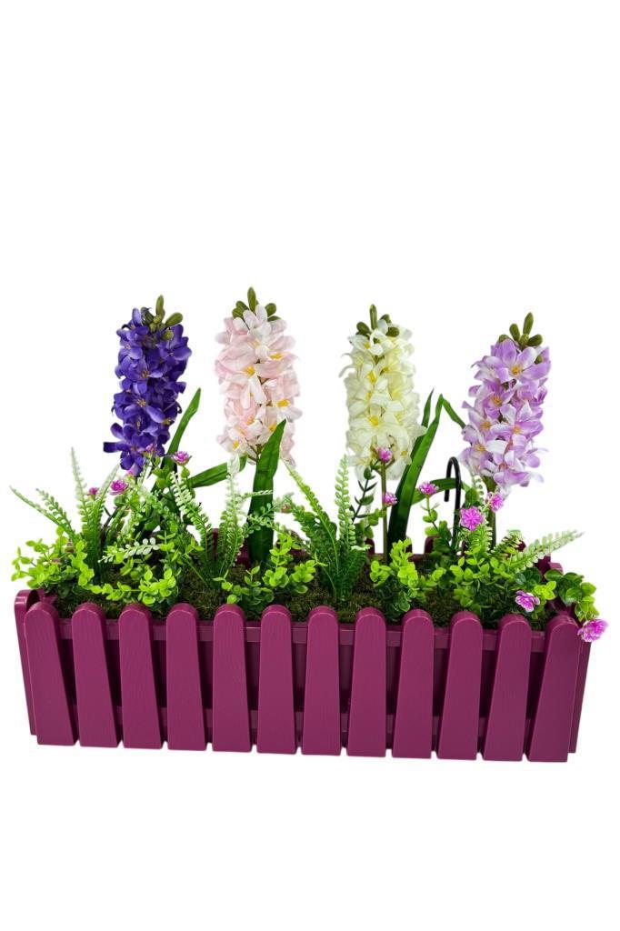 Yapay Çiçek Renkli Sümbül Çiçekleri Mor Çit Saksıda Küpeşte Askılı Balkon Çiçeği Çiçek Sepeti