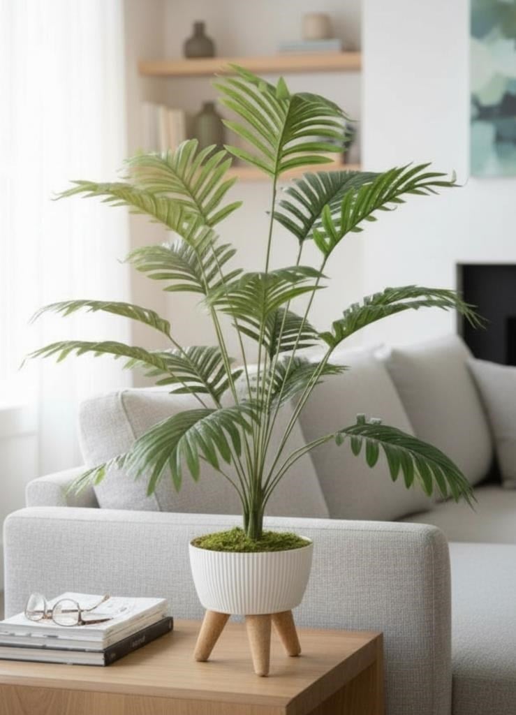 Yapay Çiçek Salon Bitkisi Areka 80cm 18 Yaprak Beyaz Zigon Saksıda