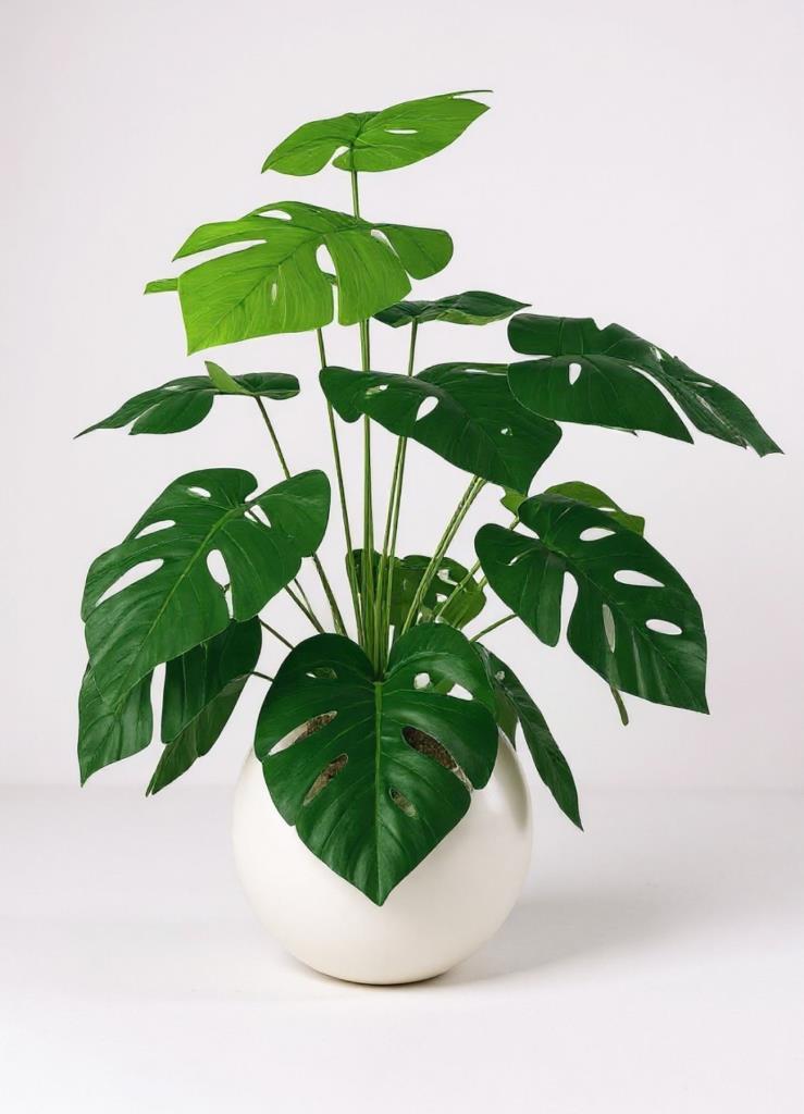 Yapay Çiçek Salon Bitkisi Monstera 70cm 18 Yaprak Beyaz Küre Saksıda