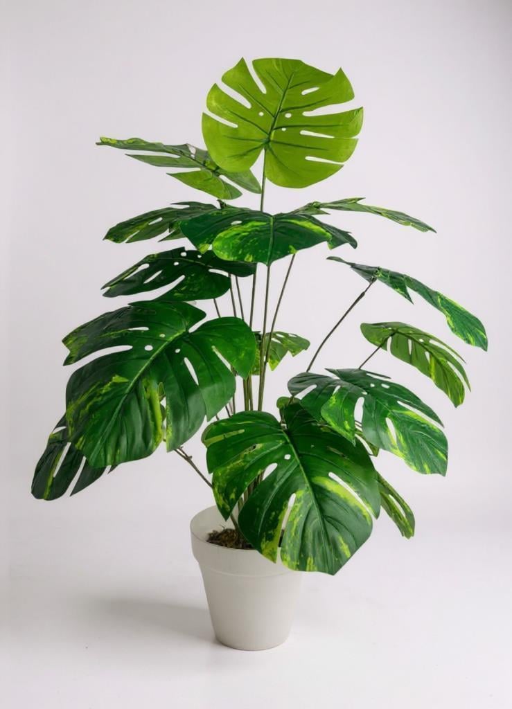 Yapay Çiçek Salon Bitkisi Monstera Tropik Desenli  70cm 18 Yaprak Antrasit Krem Saksıda
