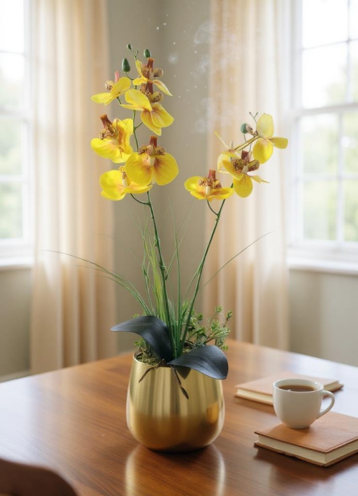 Yapay Çiçek Sarı Islak Orkide Gold Metal Saksıda Saksıda Orkide 50cm