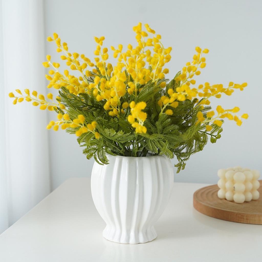 Yapay Çiçek Sarı Mimoza Demeti 5 Dallı 38cm Mimosa Yapay Bitki 
