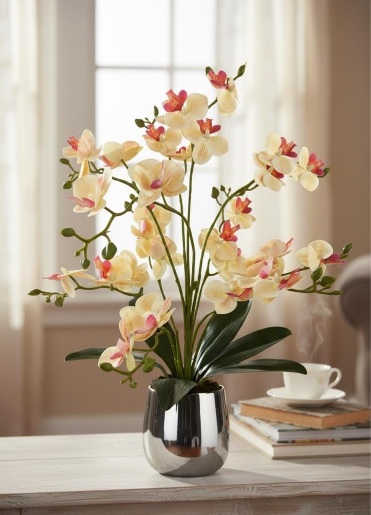 Yapay Çiçek Sarı Pembe 9 Dallı Islak Orkide Gümüş Metal Saksıda Saksıda Orkide 60cm