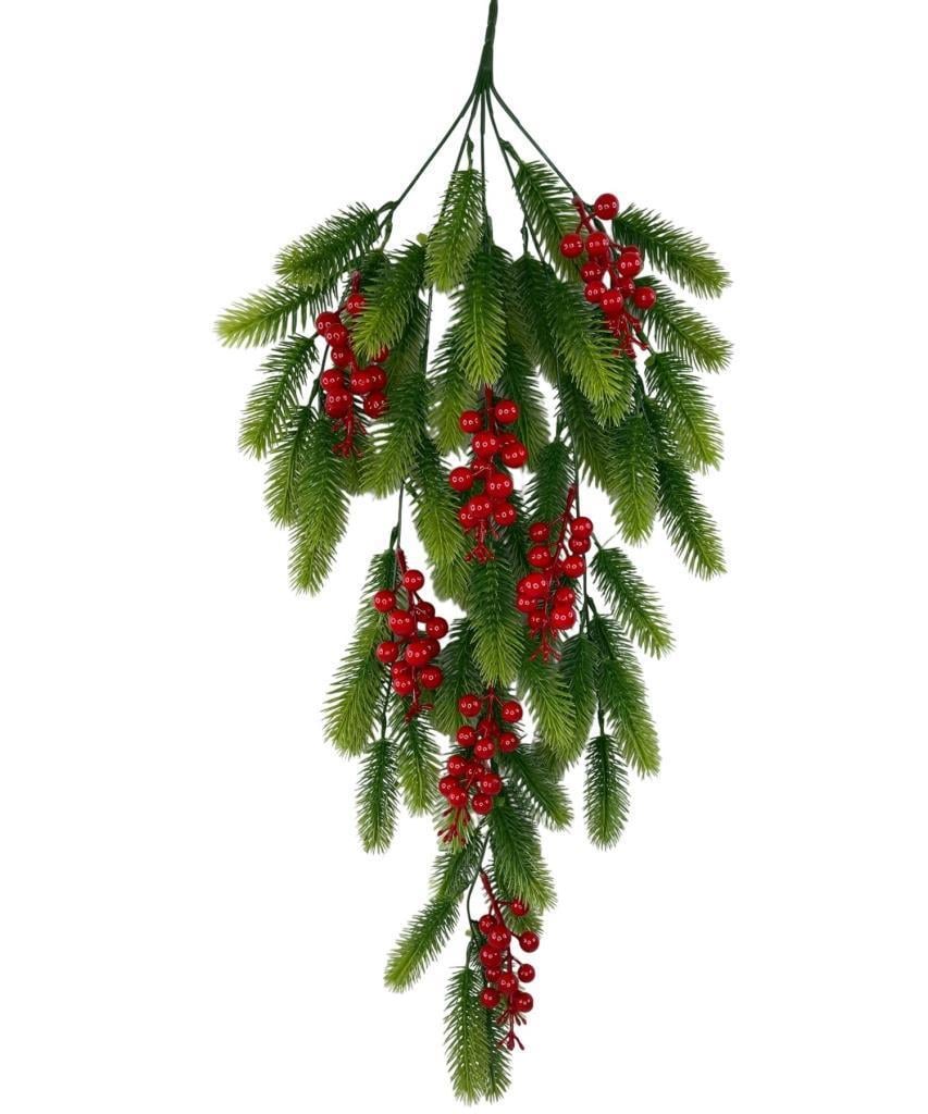 Yapay Çiçek Sarkan Kokina Çam Yapraklı Yılbaşı Çiçeği Red Berry 70*30cm