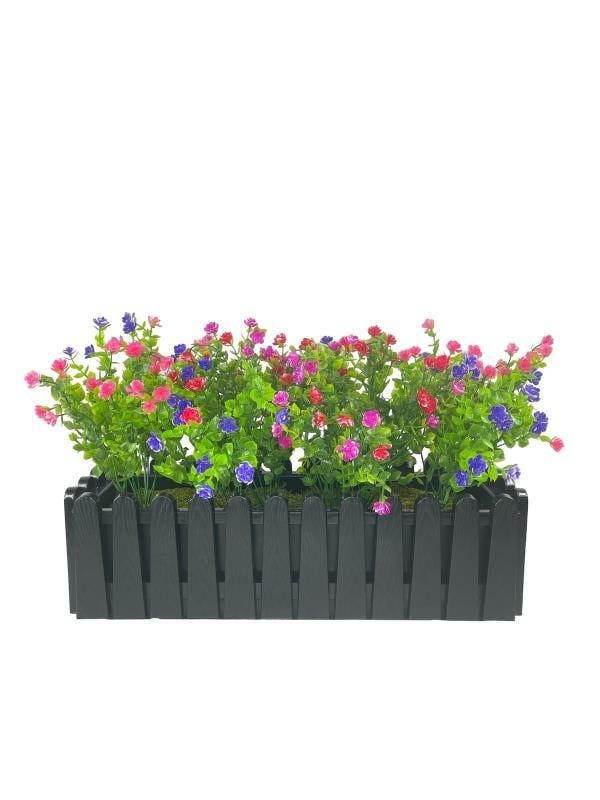 Yapay Çiçek Siyah Çit Balkon Saksısı Renkli Mineli Şimşir Çiçekli 55*35cm