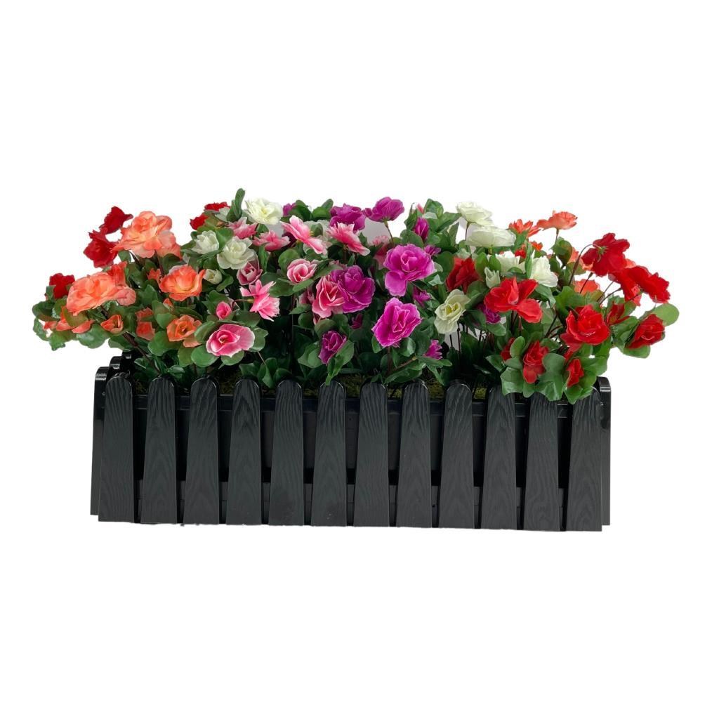 Yapay Çiçek Siyah Çit Balkon Saksısı Renkli Açelya Çiçekli 55*20cm