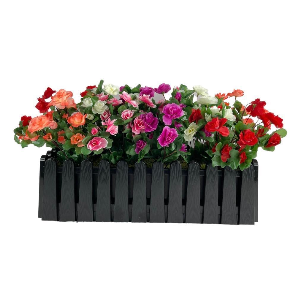 Yapay Çiçek Siyah Çit Balkon Saksısı Renkli Açelya Çiçekli 55*20cm