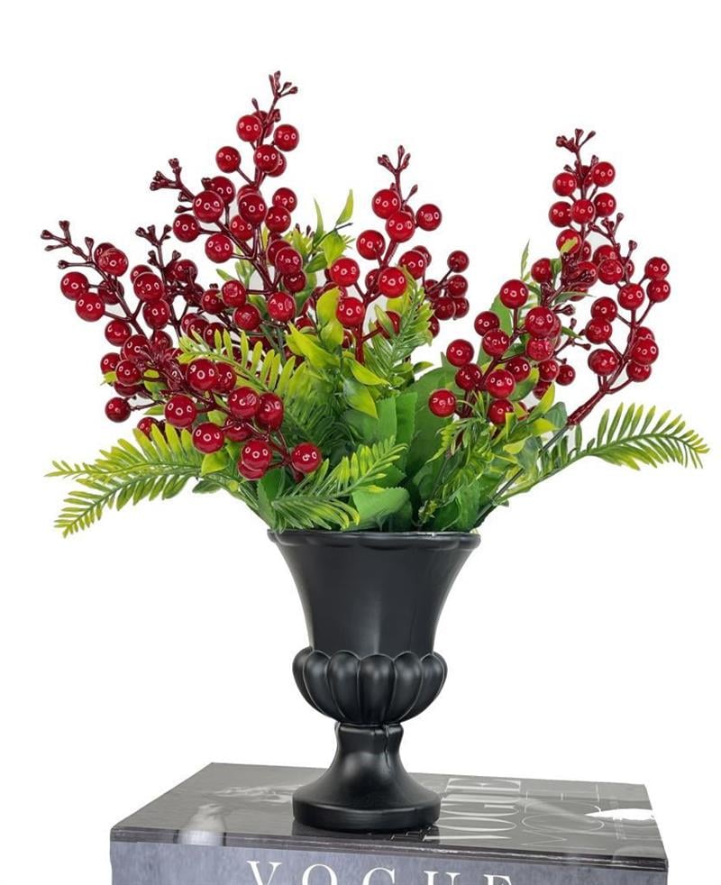 Yapay Çiçek Siyah Mat Mini Antik Cam Vazoda Yılbaşı Çiçeği Kırmızı Kokina