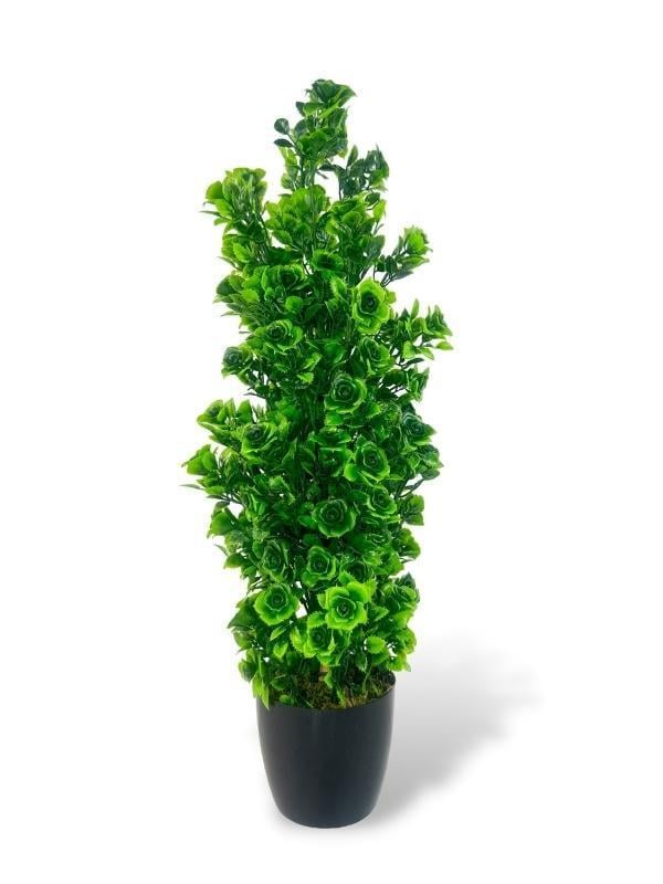 Yapay Çiçek Siyah Saksıda Güllü Yeşil Şimşir Ağacı 55cm