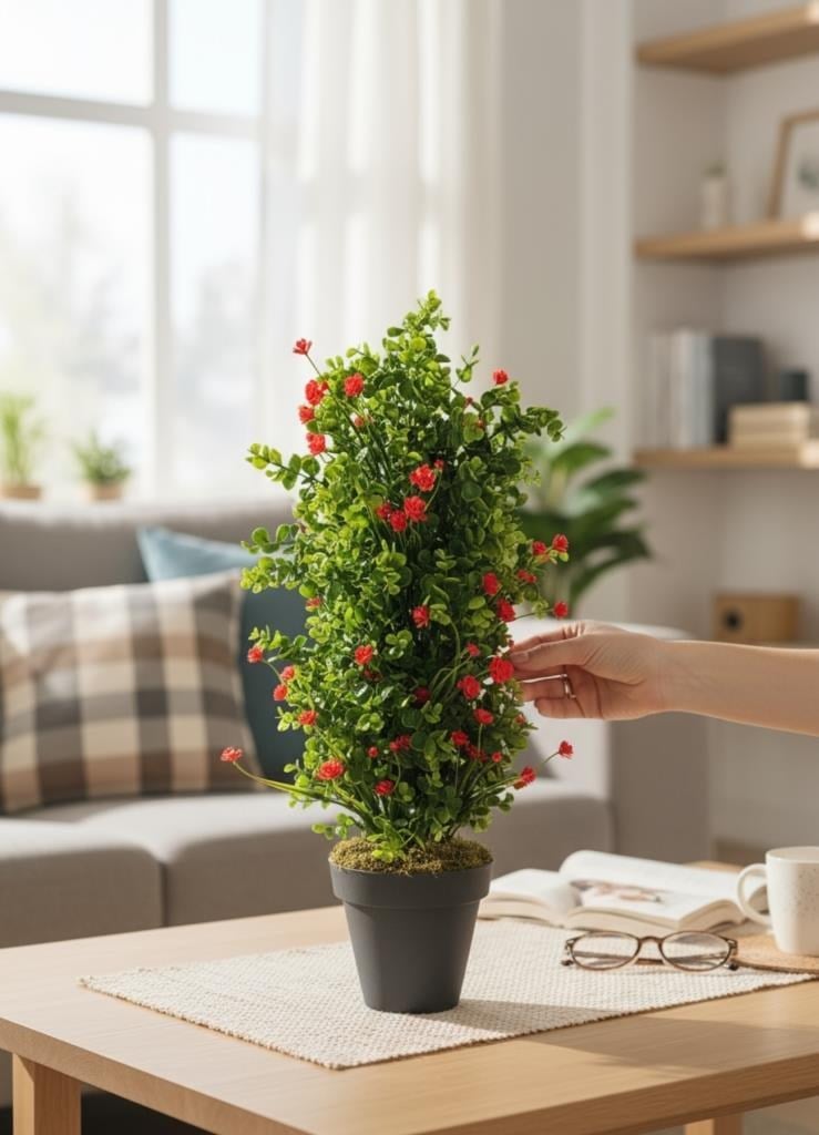Yapay Çiçek Siyah Saksıda Kırmızı Lotuslu Yeşil Şimşir Ağacı 70*30cm