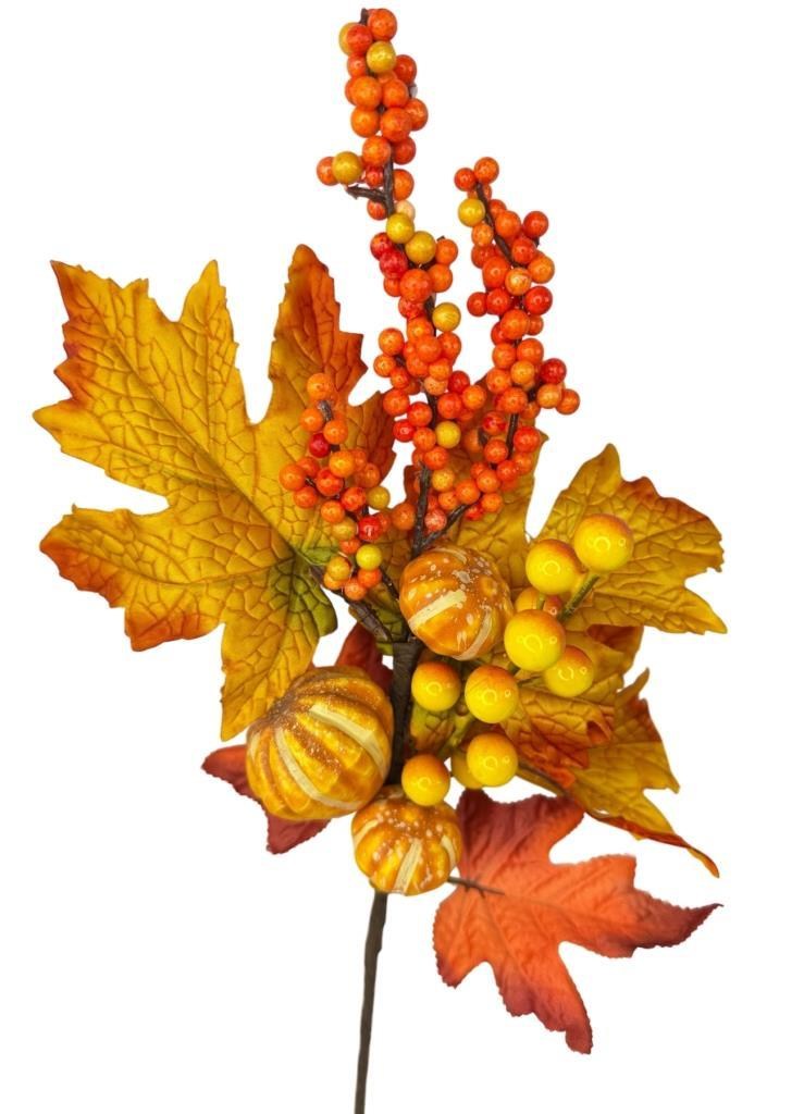 Yapay Çiçek Turuncu Kokina Halloween Turuncu Sonbahar Çınar Yapraklı Dal 45cm Yılbaşı Çiçeği Red Berry