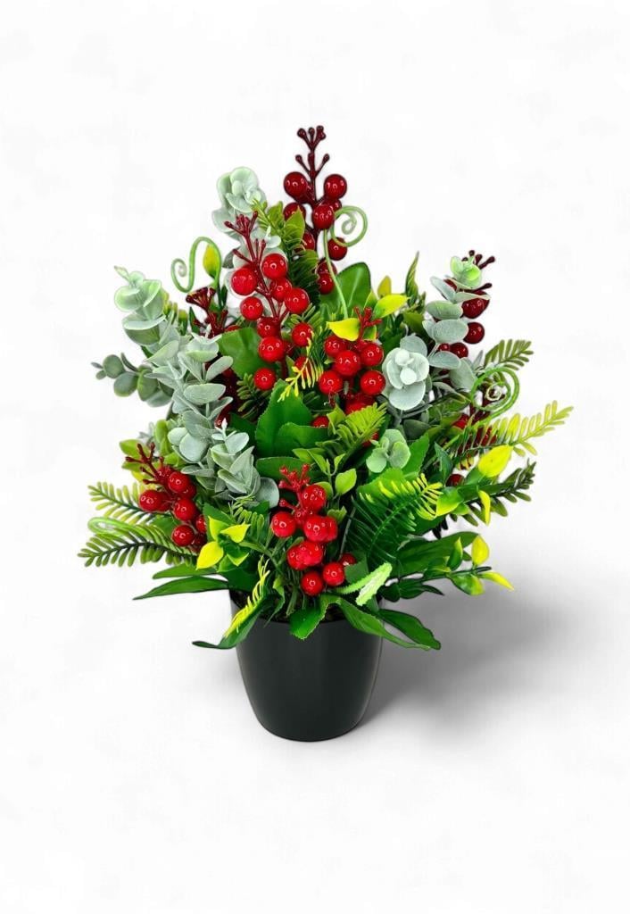 Yapay Çiçek Yılbaşı Çiçeği Kırmızı Kokina Ve Pastel Şimşir Siyah Saksıda