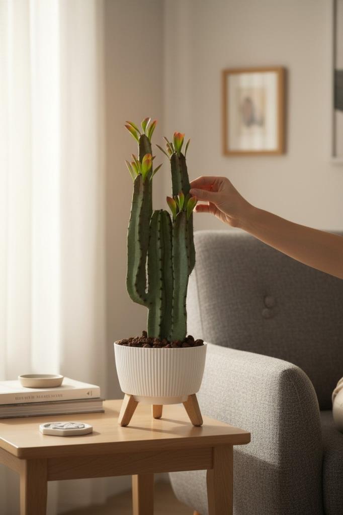 Yapay Kaktüs 4 Kollu Yapraklı Model Zigon Saksıda Yapay Bitki 70cm