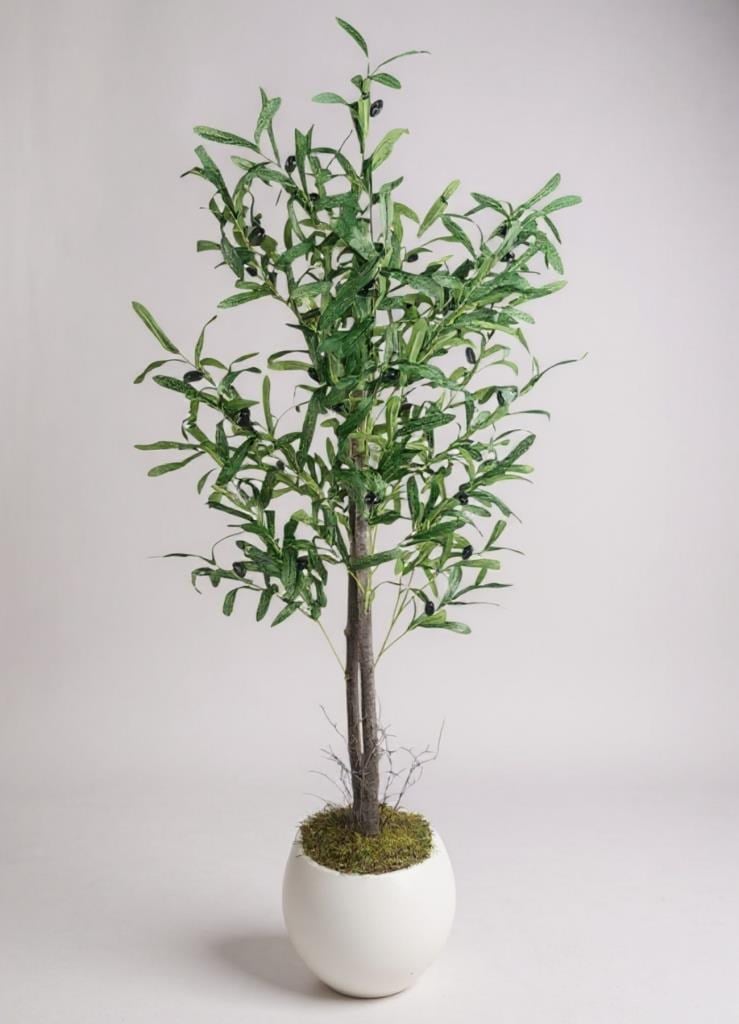 Yapay Zeytin Ağacı 130cm İki Gövdeli Beyaz Küre Saksıda Salex Doğal Gerçek Görünümlü Yapay Ağaç