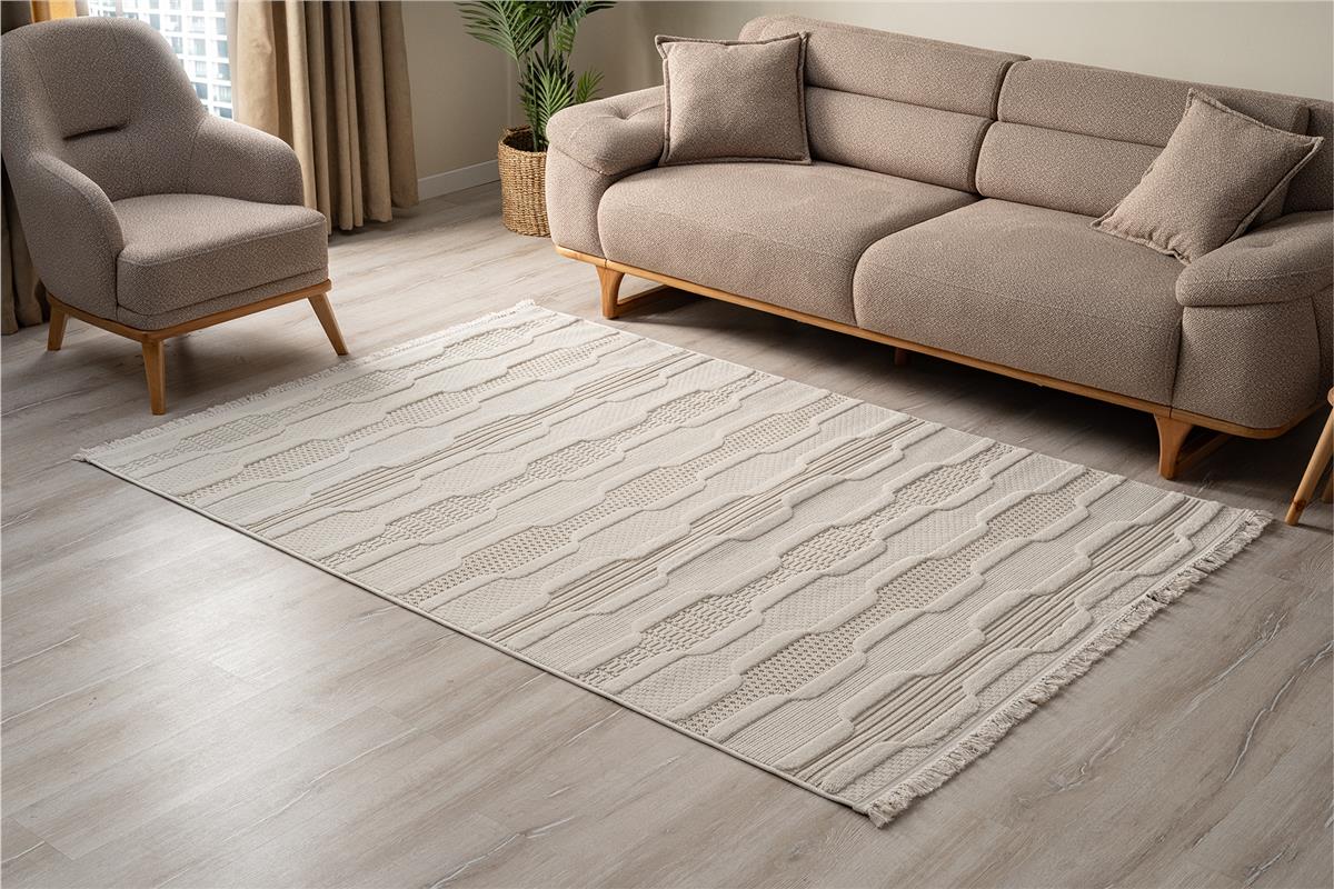 Bony 8801 Creme Moderner Velours-Wohnzimmerteppich