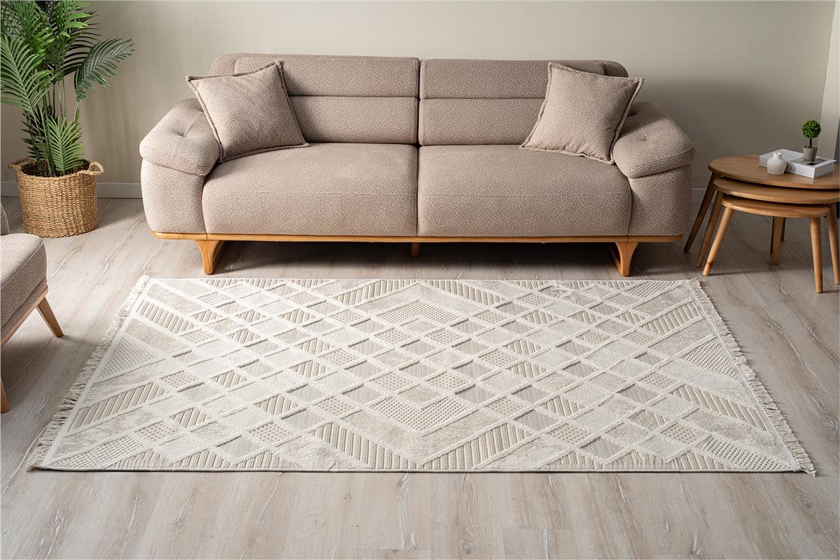 Bony 8802 Creme Moderner Velours-Wohnzimmerteppich