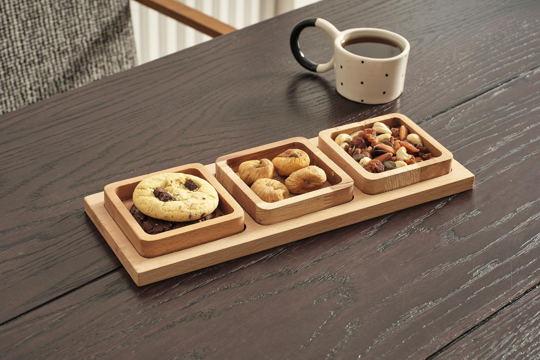 Nemo Masif Kayın Ahşap Üç Bölmeli Çerezlik&Sunumluk